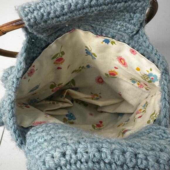 Vintage Crochet Bobble Purse Bag Round Handles Boho Hippie Handmade Blue - Picture 3 of 5